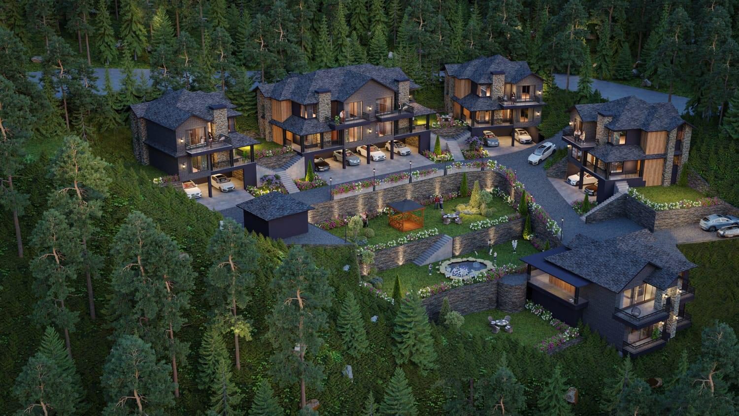 Aerial artist's impression of the villas terraced into the pine slope