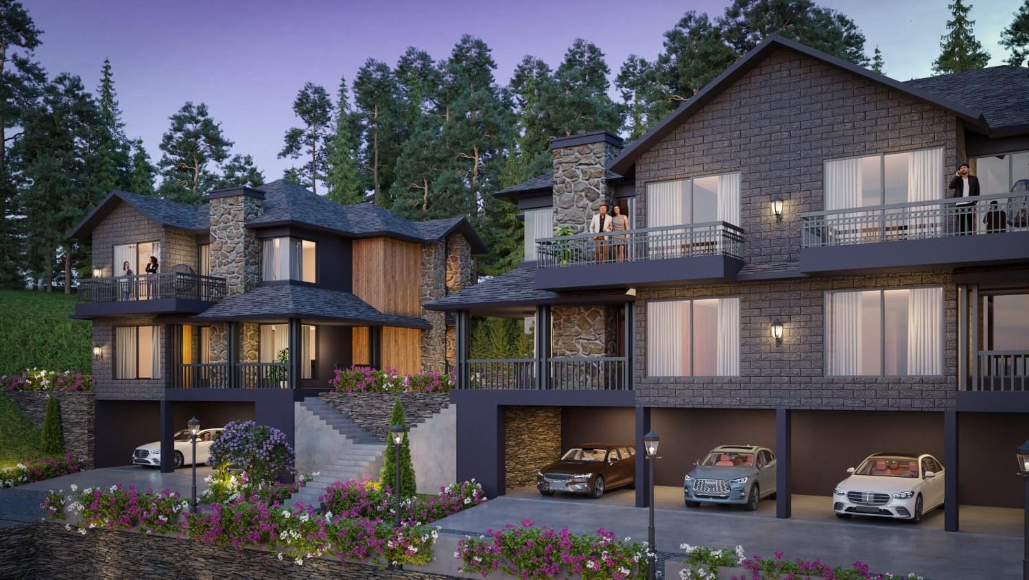 The Deodar villa with covered parking and pines behind