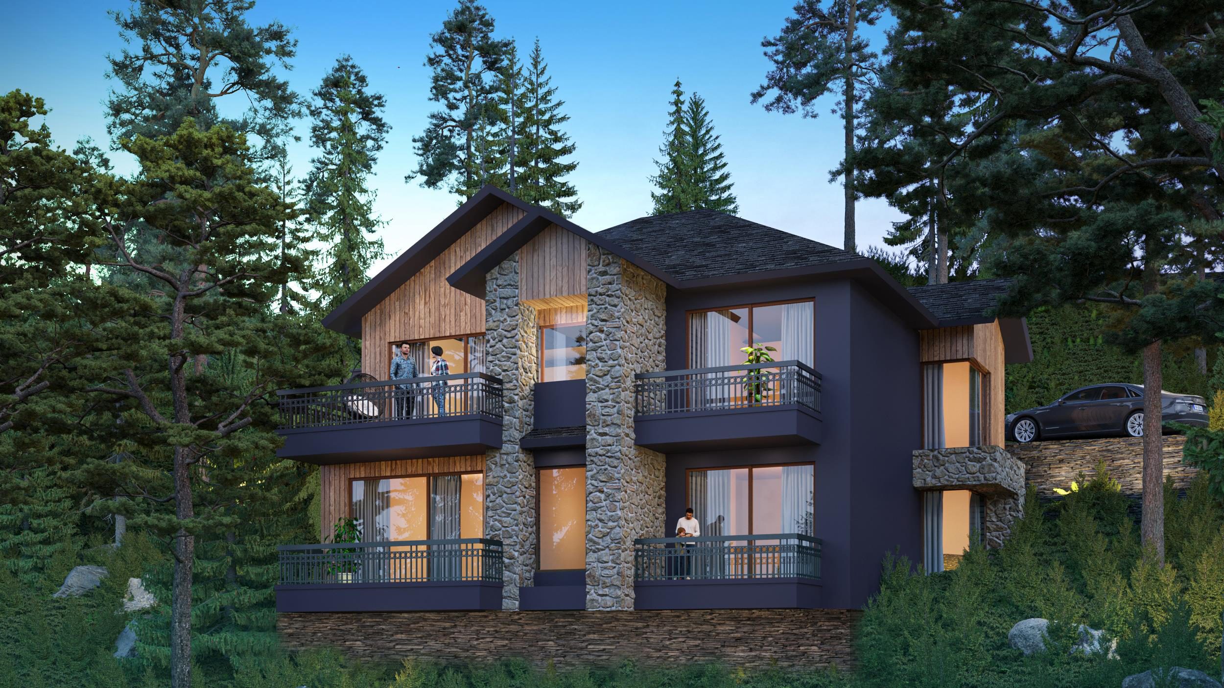 Front of The Cedar villa with balconies on two levels
